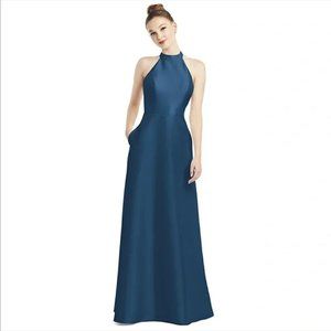 Alfred Sung Dusk Blue Bridesmaid Full Length Sateen High Neck Twill Dress - 8